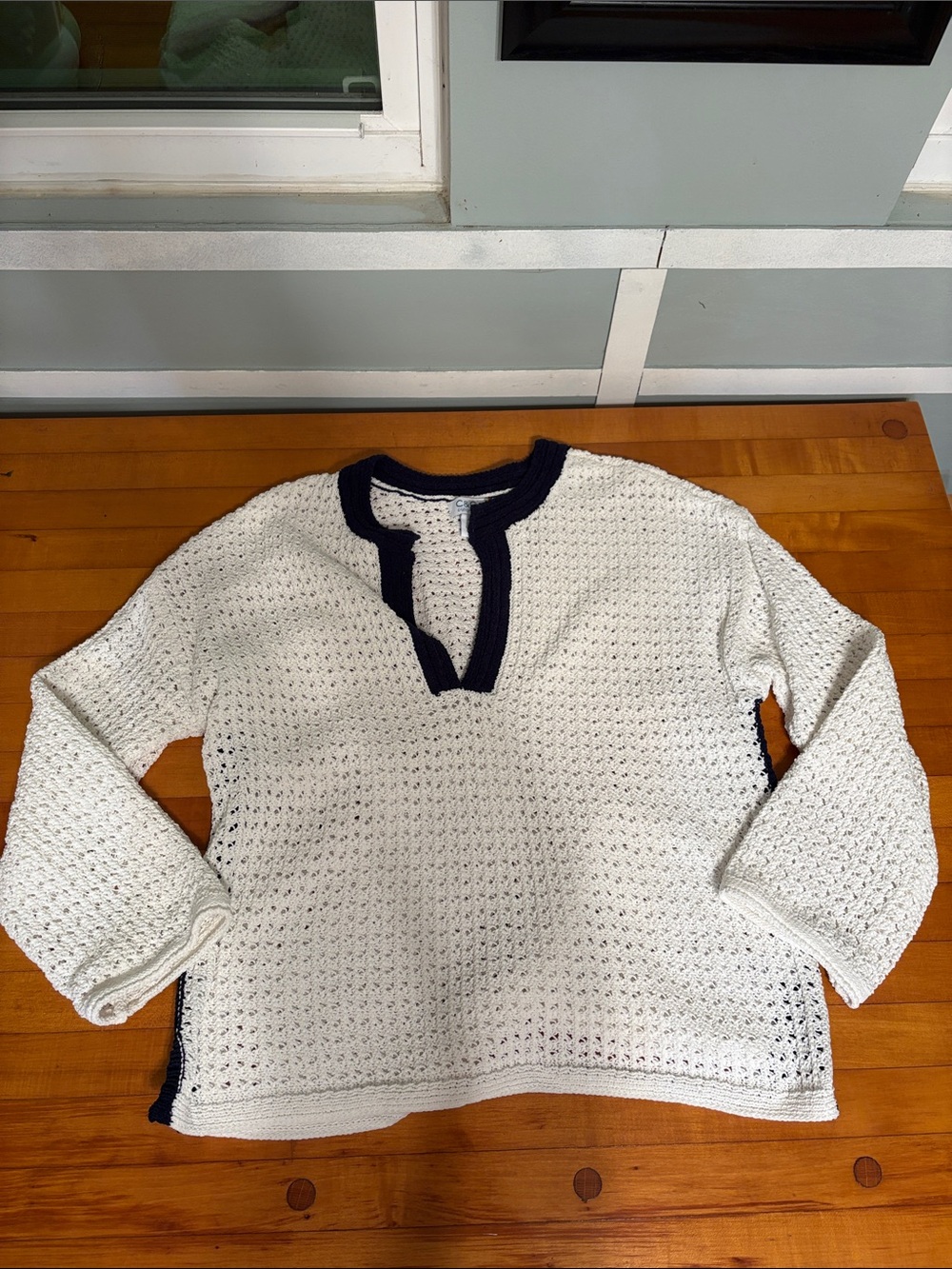 C&C California Cream Knit Sweater with Navy Trim